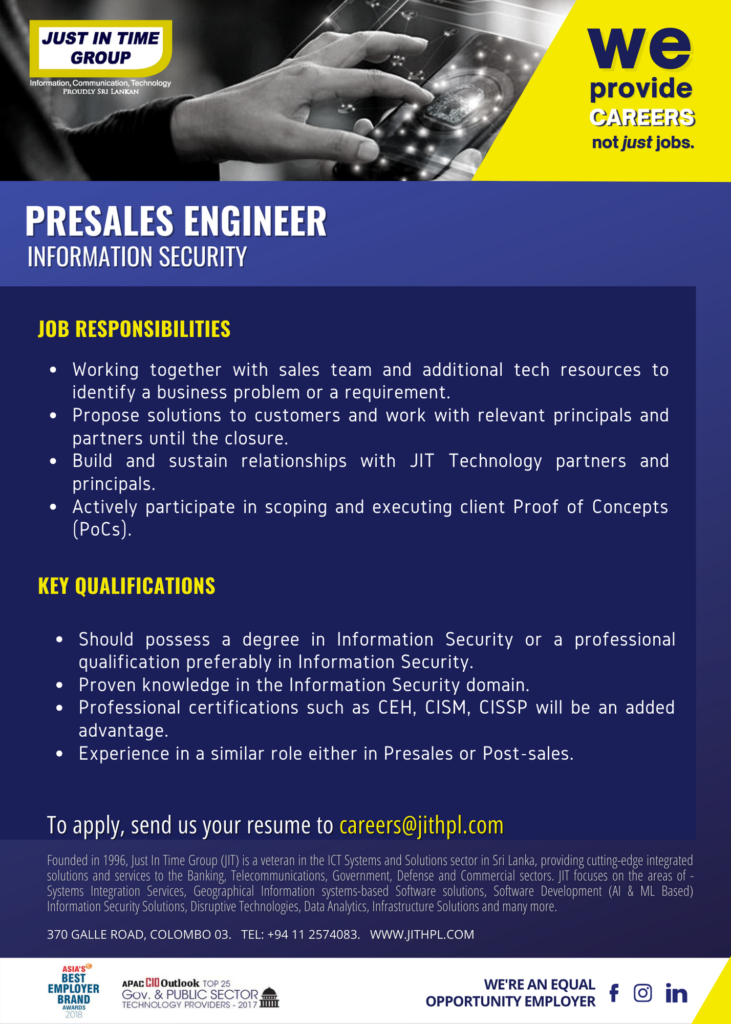 Presales Engineer Information Security Just In Time Group